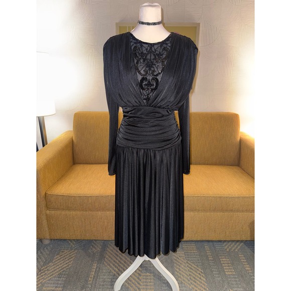 Abby Kent Dresses & Skirts - Abby Kent Vintage 80s Black Beaded Sequin Mesh  Dress Midi Long Sleeve Goth glam